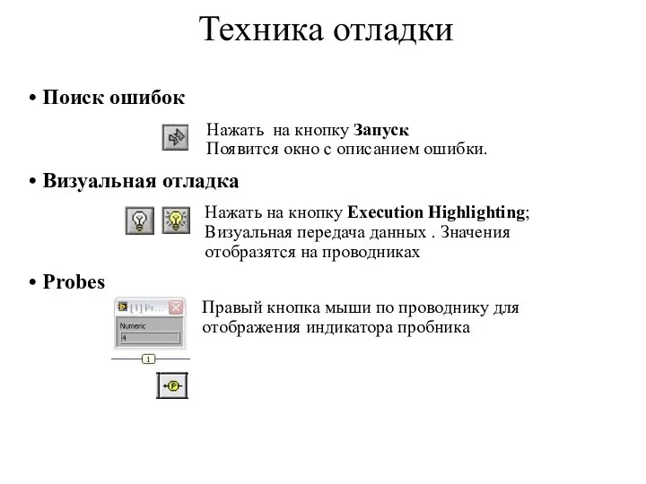 Техника отладки Поиск ошибок Визуальная отладка Probes Нажать на кнопку Запуск