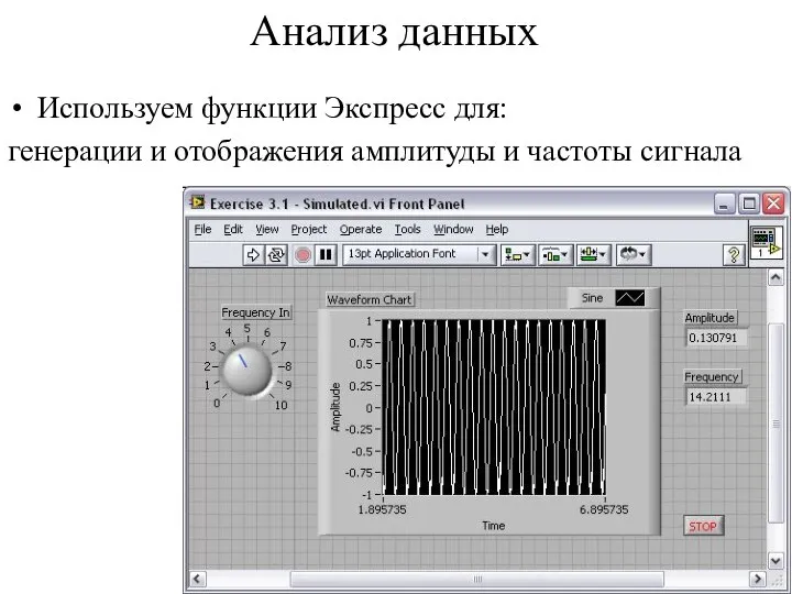 Анализ данных Используем функции Экспресс для: генерации и отображения амплитуды и частоты сигнала