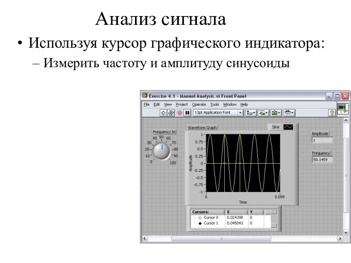 Анализ сигнала Используя курсор графического индикатора: Измерить частоту и амплитуду синусоиды