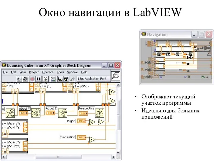 Отображает текущий участок программы Идеально для больших приложений Окно навигации в LabVIEW