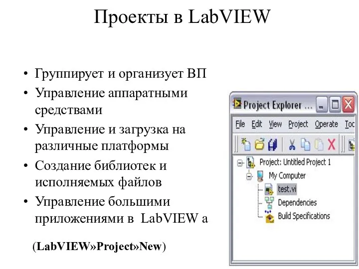 Проекты в LabVIEW Группирует и организует ВП Управление аппаратными средствами Управление