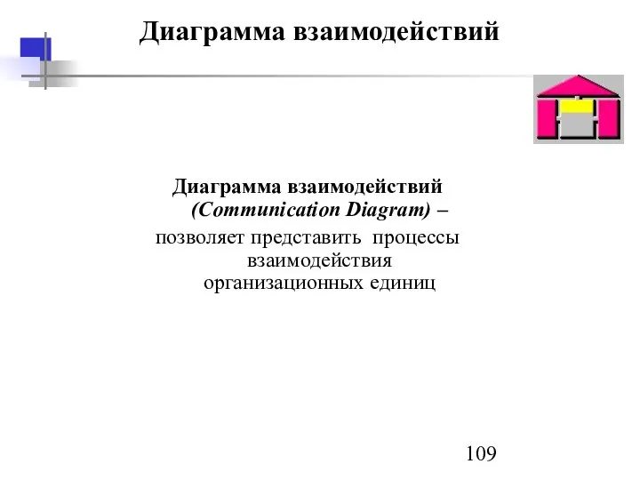 Диаграмма взаимодействий Диаграмма взаимодействий (Communication Diagram) – позволяет представить процессы взаимодействия организационных единиц