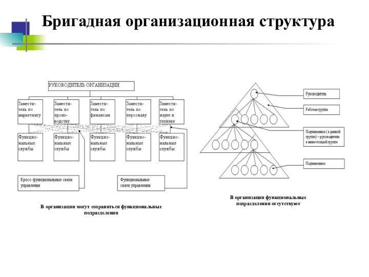 Бригадная организационная структура В организации функциональные подразделения отсутствуют В организации могут сохраняться функциональные подразделения