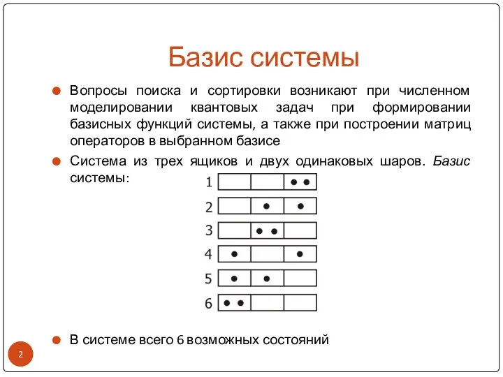 Базис системы Вопросы поиска и сортировки возникают при численном моделировании квантовых