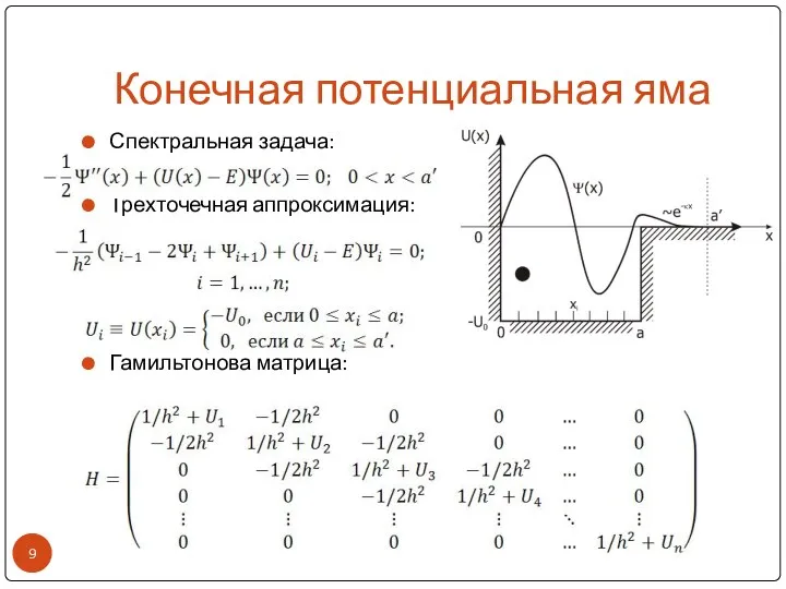 Конечная потенциальная яма Спектральная задача: Трехточечная аппроксимация: Гамильтонова матрица: