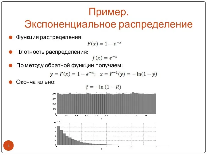 Пример. Экспоненциальное распределение Функция распределения: Плотность распределения: По методу обратной функции получаем: Окончательно: