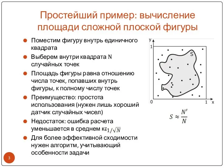 Простейший пример: вычисление площади сложной плоской фигуры Поместим фигуру внутрь единичного