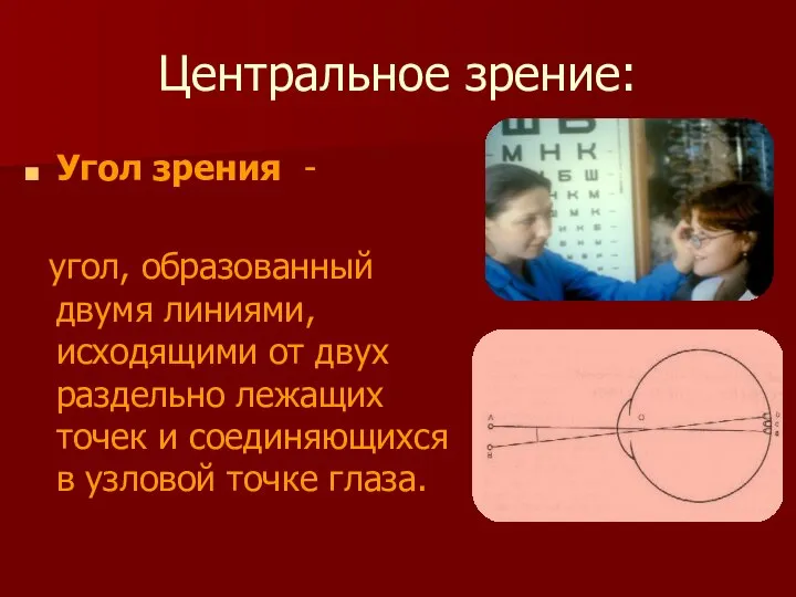 Центральное зрение: Угол зрения - угол, образованный двумя линиями, исходящими от