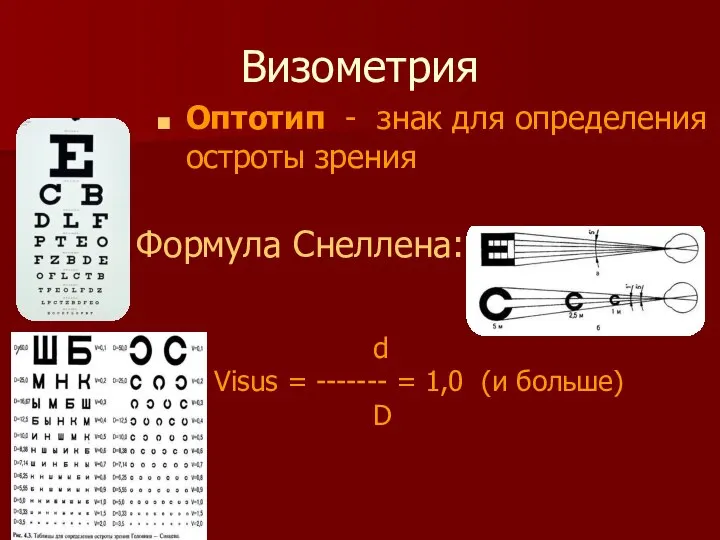 Визометрия Оптотип - знак для определения остроты зрения Формула Снеллена: d