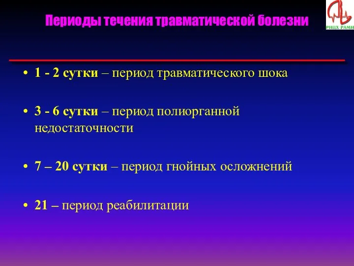 Периоды течения травматической болезни 1 - 2 сутки – период травматического