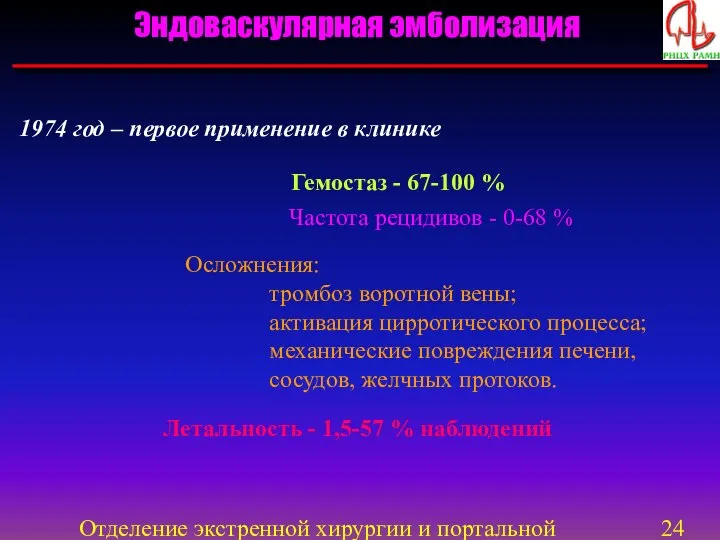 Отделение экстренной хирургии и портальной гипертензии Летальность - 1,5-57 % наблюдений