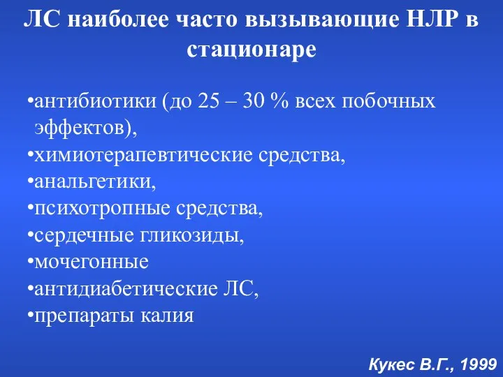 антибиотики (до 25 – 30 % всех побочных эффектов), химиотерапевтические средства,