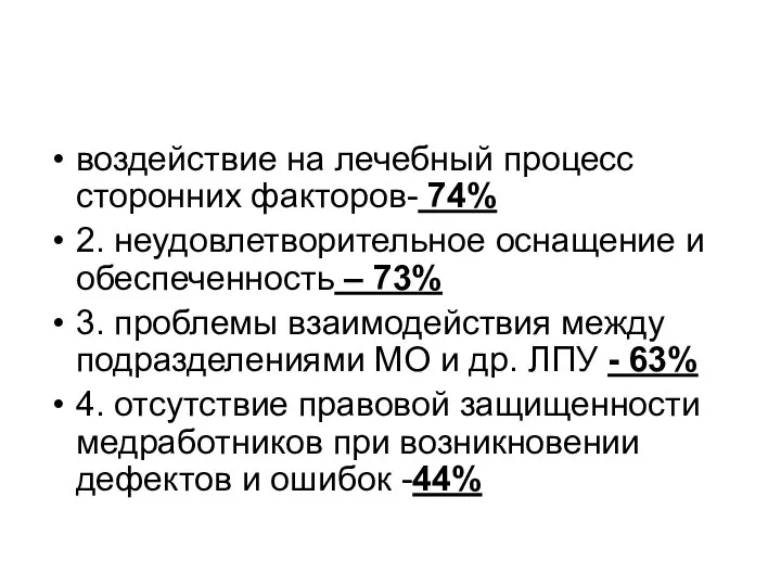 воздействие на лечебный процесс сторонних факторов- 74% 2. неудовлетворительное оснащение и