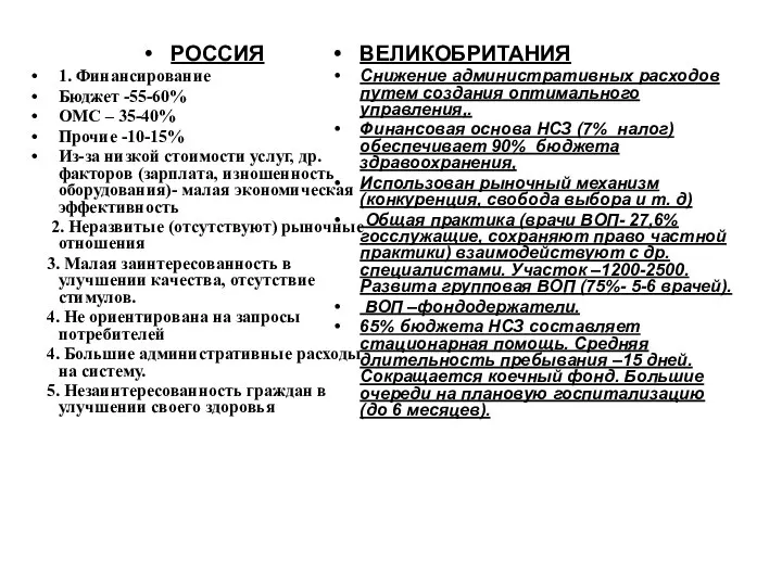 РОССИЯ 1. Финансирование Бюджет -55-60% ОМС – 35-40% Прочие -10-15% Из-за