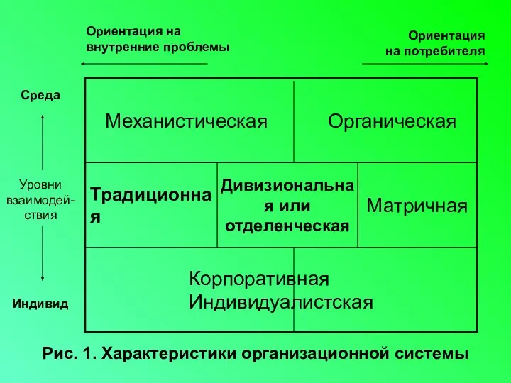 Рис. 1. Характеристики организационной системы Ориентация на внутренние проблемы Ориентация на потребителя Уровни взаимодей-ствия Индивид Среда