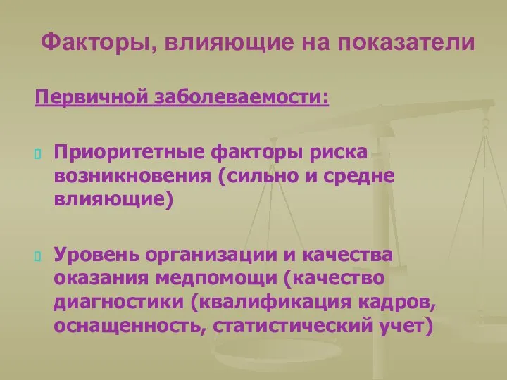 Факторы, влияющие на показатели Первичной заболеваемости: Приоритетные факторы риска возникновения (сильно