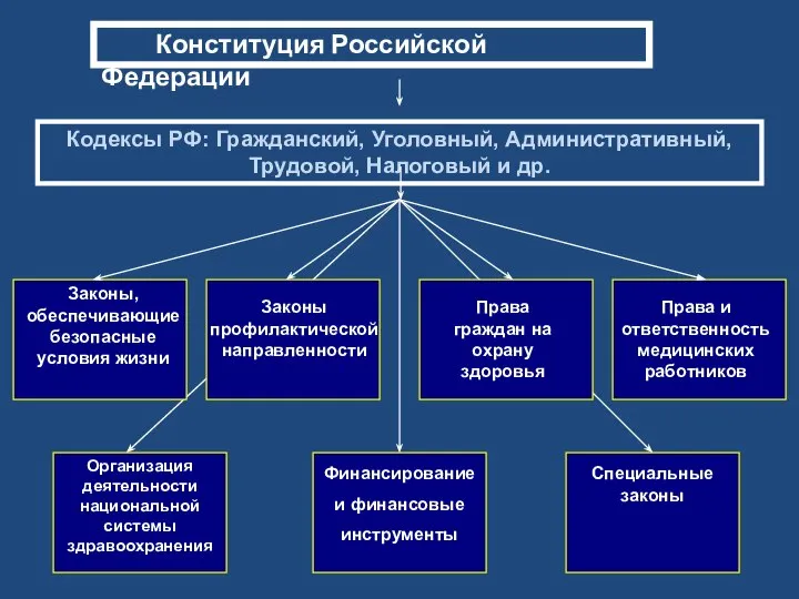 Конституция Российской Федерации Кодексы РФ: Гражданский, Уголовный, Административный, Трудовой, Налоговый и др.