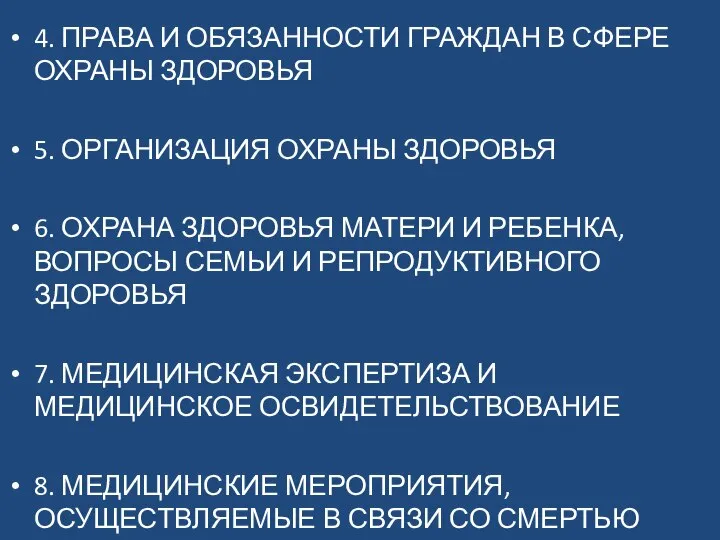 4. ПРАВА И ОБЯЗАННОСТИ ГРАЖДАН В СФЕРЕ ОХРАНЫ ЗДОРОВЬЯ 5. ОРГАНИЗАЦИЯ