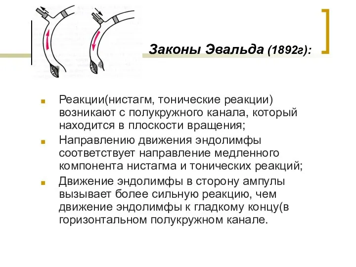 Законы Эвальда (1892г): Реакции(нистагм, тонические реакции) возникают с полукружного канала, который