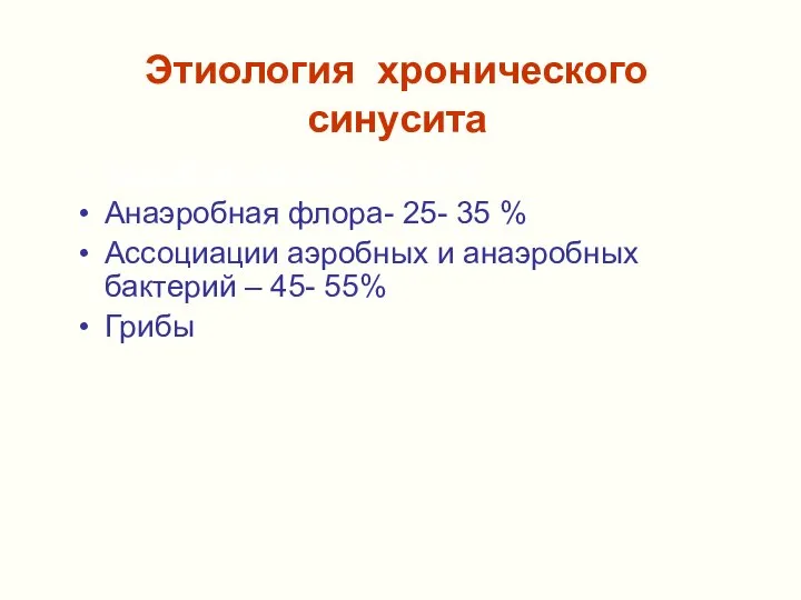 Этиология хронического синусита Аэробная флора- 15-25% Анаэробная флора- 25- 35 %