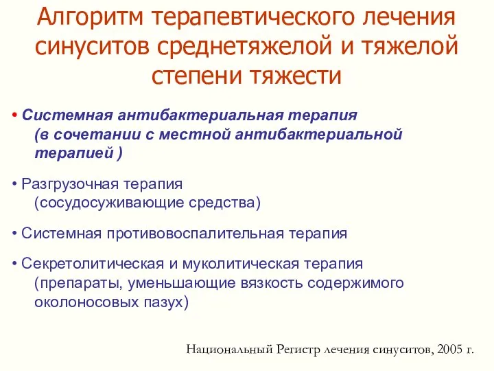 Алгоритм терапевтического лечения синуситов среднетяжелой и тяжелой степени тяжести Системная антибактериальная