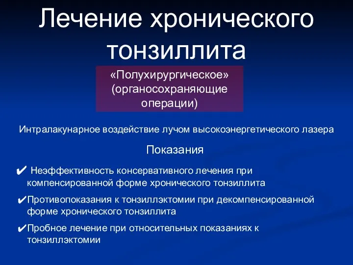 Лечение хронического тонзиллита «Полухирургическое» (органосохраняющие операции) Интралакунарное воздействие лучом высокоэнергетического лазера