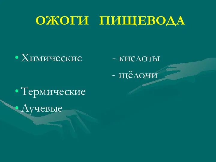 ОЖОГИ ПИЩЕВОДА Химические - кислоты - щёлочи Термические Лучевые