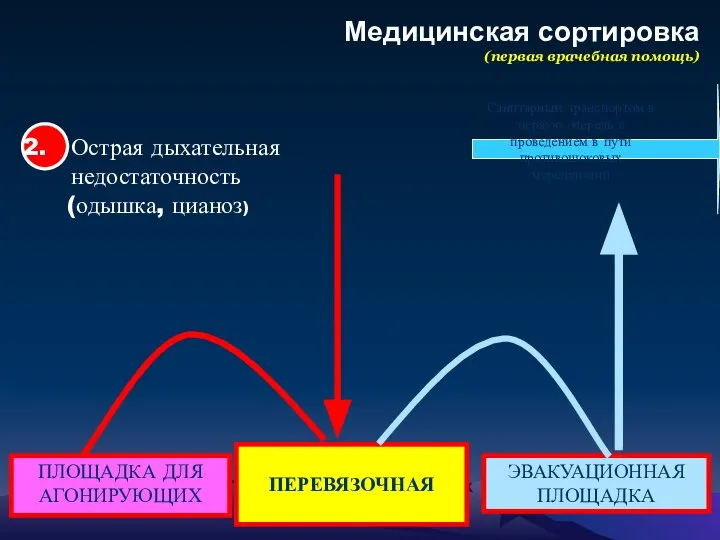 Медицинская сортировка (первая врачебная помощь) Острая дыхательная недостаточность (одышка, цианоз) ПЛОЩАДКА