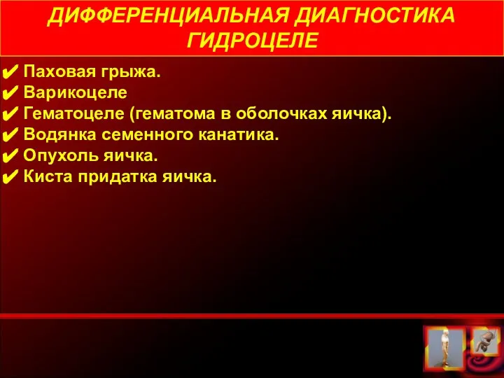 ДИФФЕРЕНЦИАЛЬНАЯ ДИАГНОСТИКА ГИДРОЦЕЛЕ Паховая грыжа. Варикоцеле Гематоцеле (гематома в оболочках яичка).