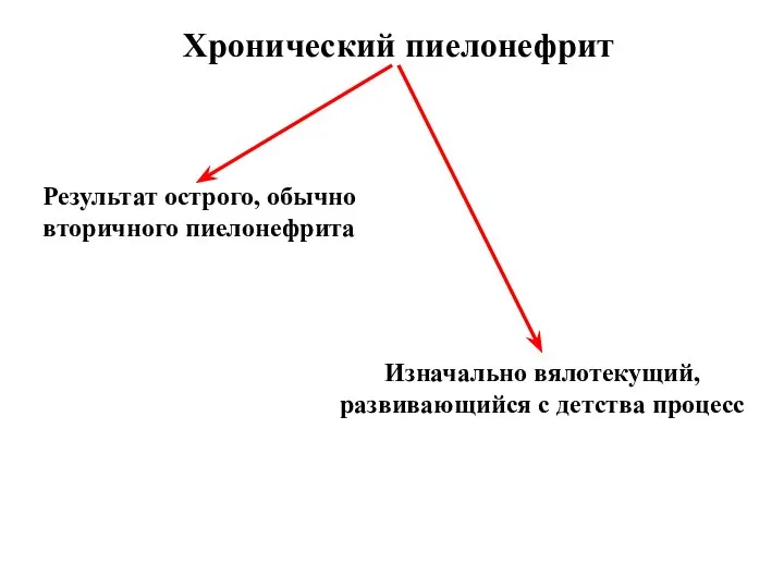 Хронический пиелонефрит Результат острого, обычно вторичного пиелонефрита Изначально вялотекущий, развивающийся с детства процесс