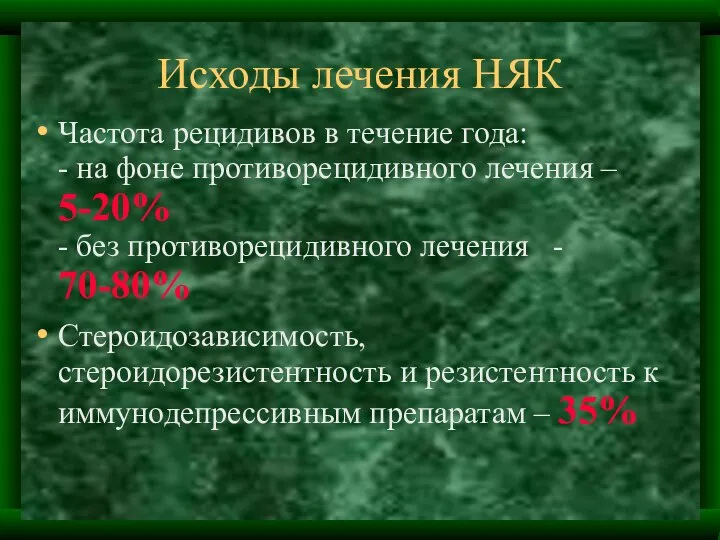 Исходы лечения НЯК Частота рецидивов в течение года: - на фоне