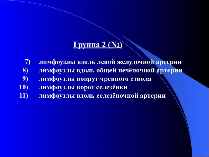 Группа 2 (N2) 7) лимфоузлы вдоль левой желудочной артерии лимфоузлы вдоль