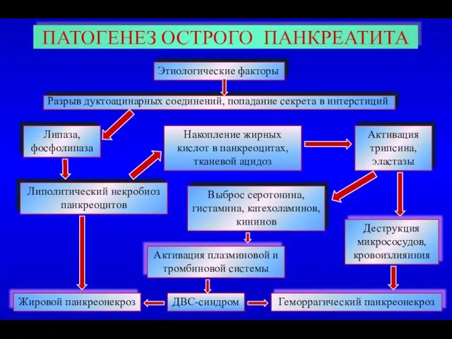 ПАТОГЕНЕЗ ОСТРОГО ПАНКРЕАТИТА Этиологические факторы Разрыв дуктоацинарных соединений, попадание секрета в