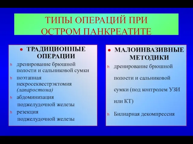 ТИПЫ ОПЕРАЦИЙ ПРИ ОСТРОМ ПАНКРЕАТИТЕ ТРАДИЦИОННЫЕ ОПЕРАЦИИ дренирование брюшной полости и