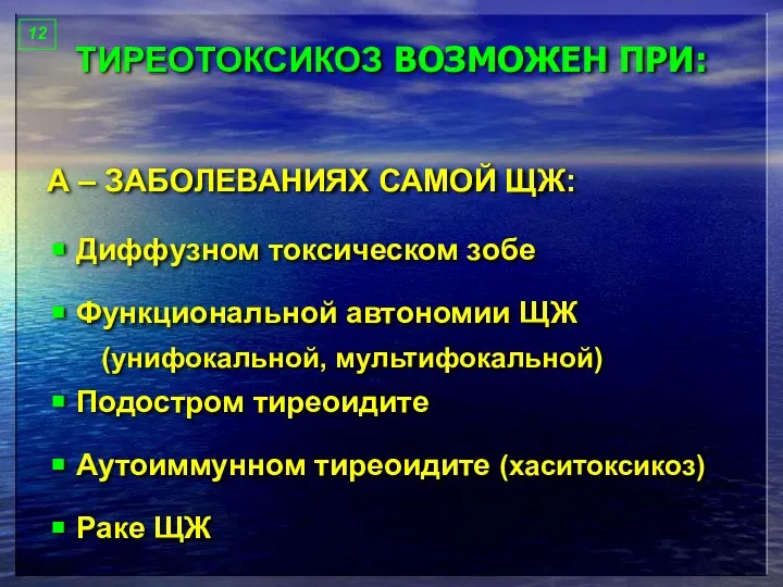 ТИРЕОТОКСИКОЗ ВОЗМОЖЕН ПРИ: Диффузном токсическом зобе Функциональной автономии ЩЖ (унифокальной, мультифокальной)