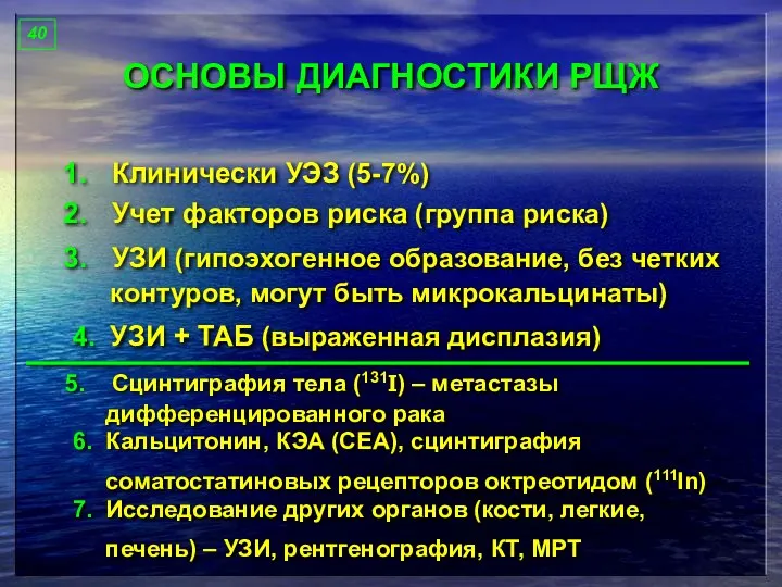 ОСНОВЫ ДИАГНОСТИКИ РЩЖ Клинически УЭЗ (5-7%) Учет факторов риска (группа риска)