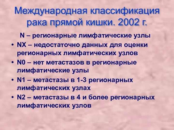 Международная классификация рака прямой кишки. 2002 г. N – регионарные лимфатические