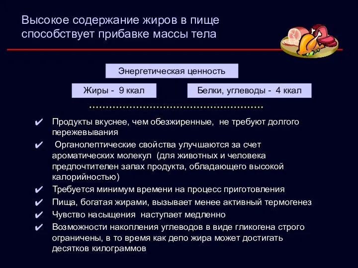 Высокое содержание жиров в пище способствует прибавке массы тела Продукты вкуснее,