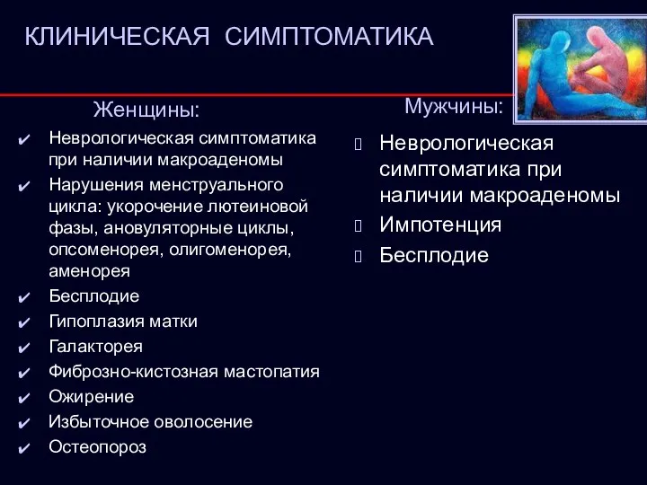 КЛИНИЧЕСКАЯ СИМПТОМАТИКА Женщины: Неврологическая симптоматика при наличии макроаденомы Нарушения менструального цикла: