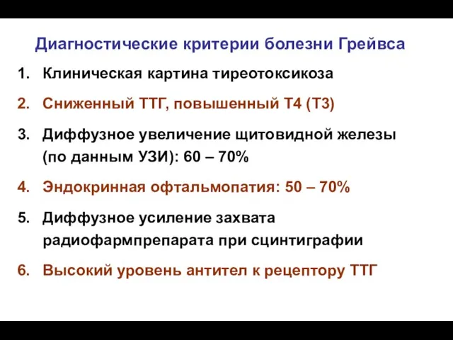 Диагностические критерии болезни Грейвса Клиническая картина тиреотоксикоза Сниженный ТТГ, повышенный Т4