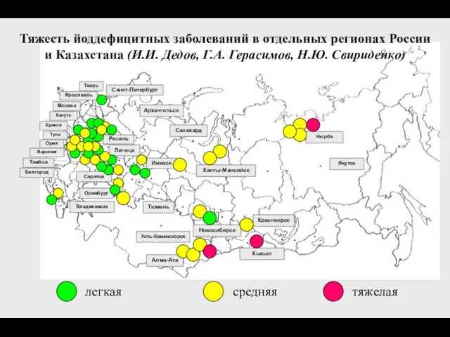 легкая средняя тяжелая Тяжесть йоддефицитных заболеваний в отдельных регионах России и