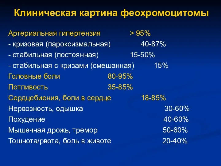 Клиническая картина феохромоцитомы Артериальная гипертензия > 95% - кризовая (пароксизмальная) 40-87%