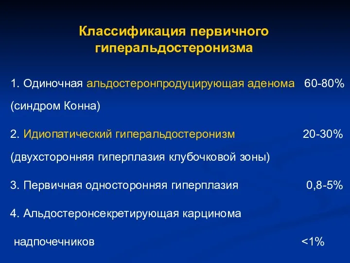 Классификация первичного гиперальдостеронизма 1. Одиночная альдостеронпродуцирующая аденома 60-80% (синдром Конна) 2.