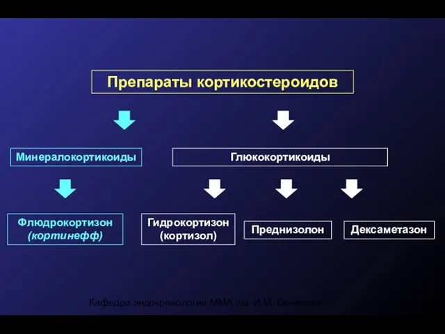 Кафедра эндокринологии ММА им. И.М. Сеченова Препараты кортикостероидов Минералокортикоиды Глюкокортикоиды Флюдрокортизон (кортинефф) Гидрокортизон (кортизол) Преднизолон Дексаметазон