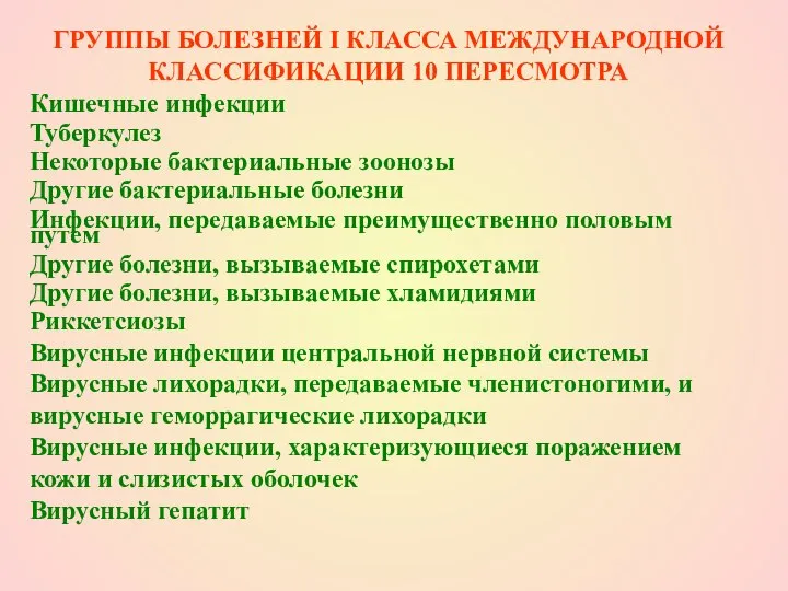 ГРУППЫ БОЛЕЗНЕЙ I КЛАССА МЕЖДУНАРОДНОЙ КЛАССИФИКАЦИИ 10 ПЕРЕСМОТРА Кишечные инфекции Туберкулез