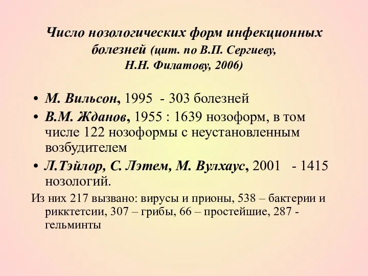 Число нозологических форм инфекционных болезней (цит. по В.П. Сергиеву, Н.Н. Филатову,