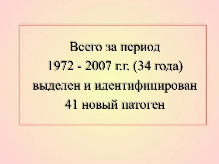 Всего за период 1972 - 2007 г.г. (34 года) выделен и идентифицирован 41 новый патоген