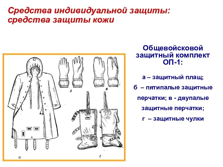 Средства индивидуальной защиты: средства защиты кожи Общевойсковой защитный комплект ОП-1: а
