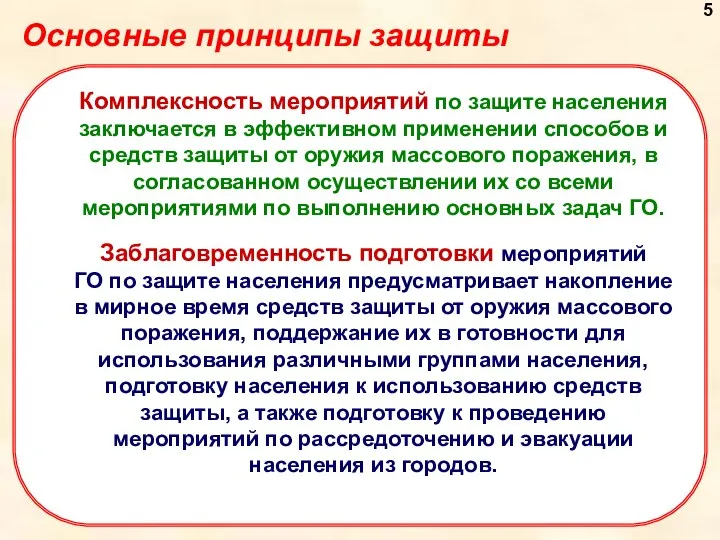 Основные принципы защиты Комплексность мероприятий по защите населения заключается в эффективном