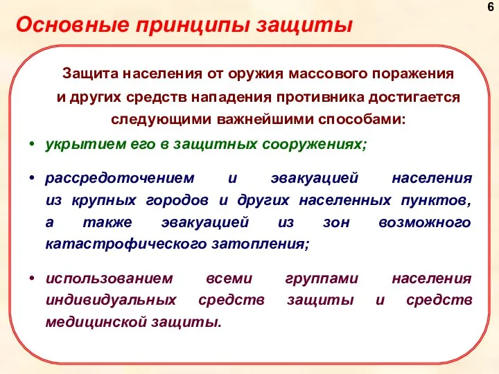 Основные принципы защиты Защита населения от оружия массового поражения и других